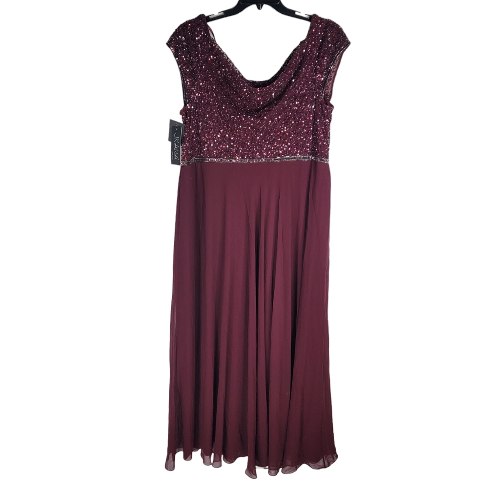 JKara Womens 16w Plus Cowl Neck Burgundy Dark Red Cap Sleeve beaded Dress